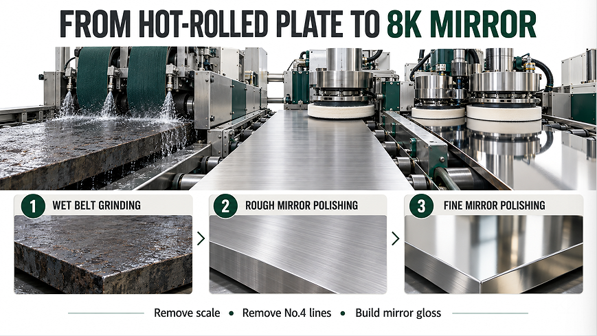 Por que o aço inoxidável laminado a quente precisa de moagem nº 4 antes do polimento de espelhos 8K